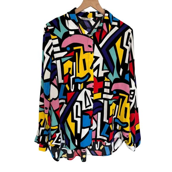 Big Dart Tops - Big Dart Women's Long Sleeve Colorblock Modern Art Patterned Button Down Size L